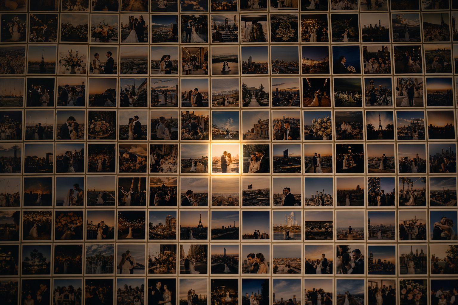A wall of unlabeled IMG-numbered photo thumbnails with a single one ringed in amber, the shot Google Drive photo search cannot find.