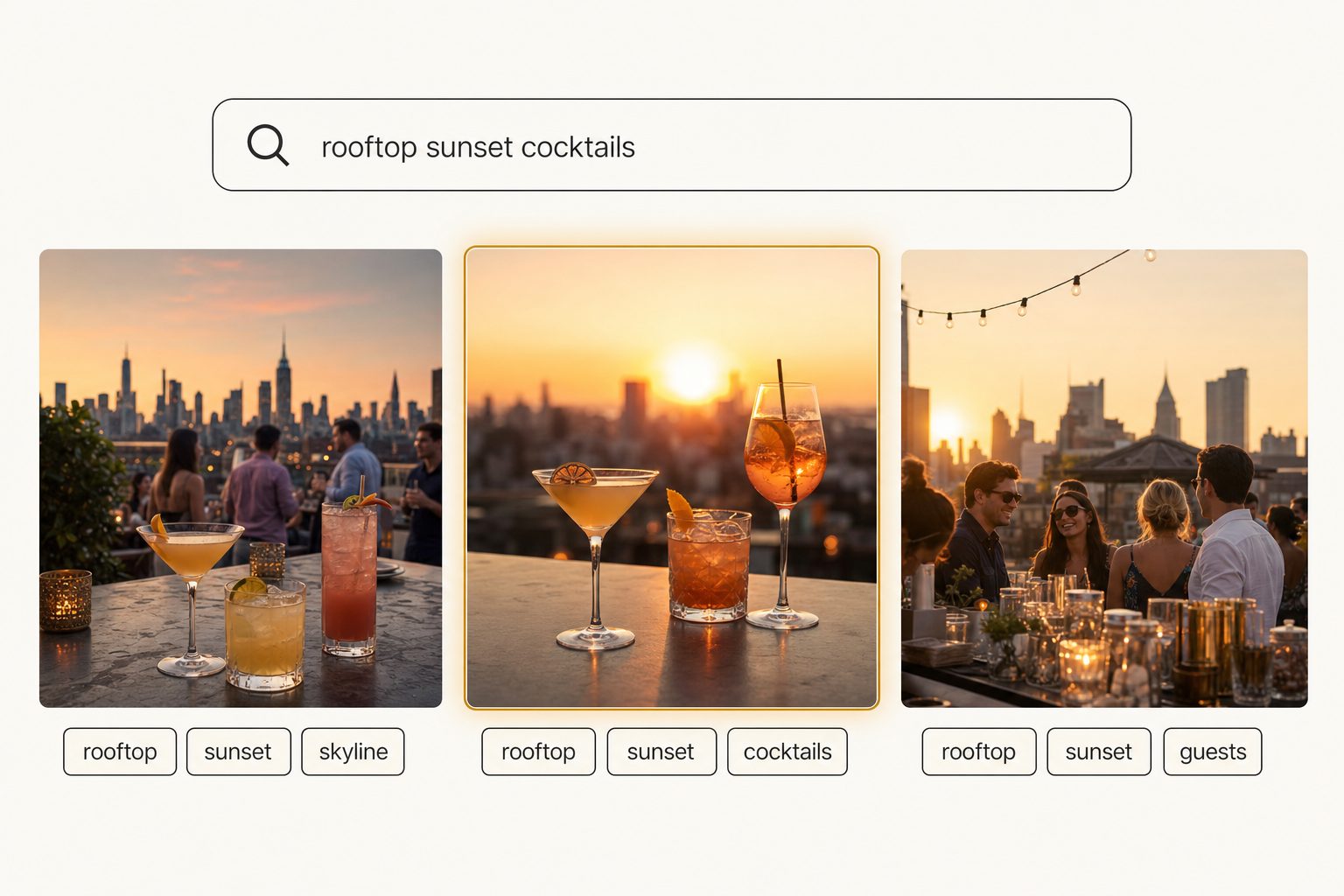 Tagrly search interface showing the typed query "rooftop sunset cocktails" returning three matching event photos, the center one ringed in amber as the top focal-subject match.