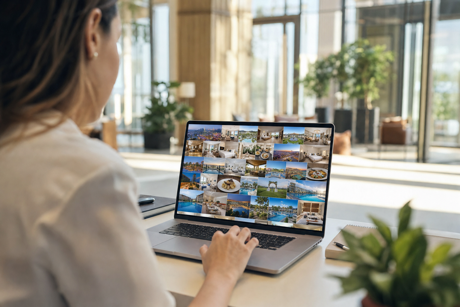 A hotel marketing coordinator browsing a hospitality photo library of property shots on a laptop in a bright back office.