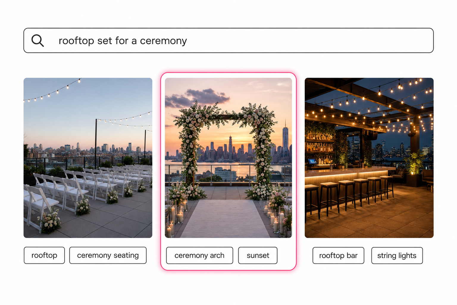A photo search interface with the query "rooftop set for a ceremony" returning three rooftop venue photos, the ceremony arch at sunset highlighted as the top match.
