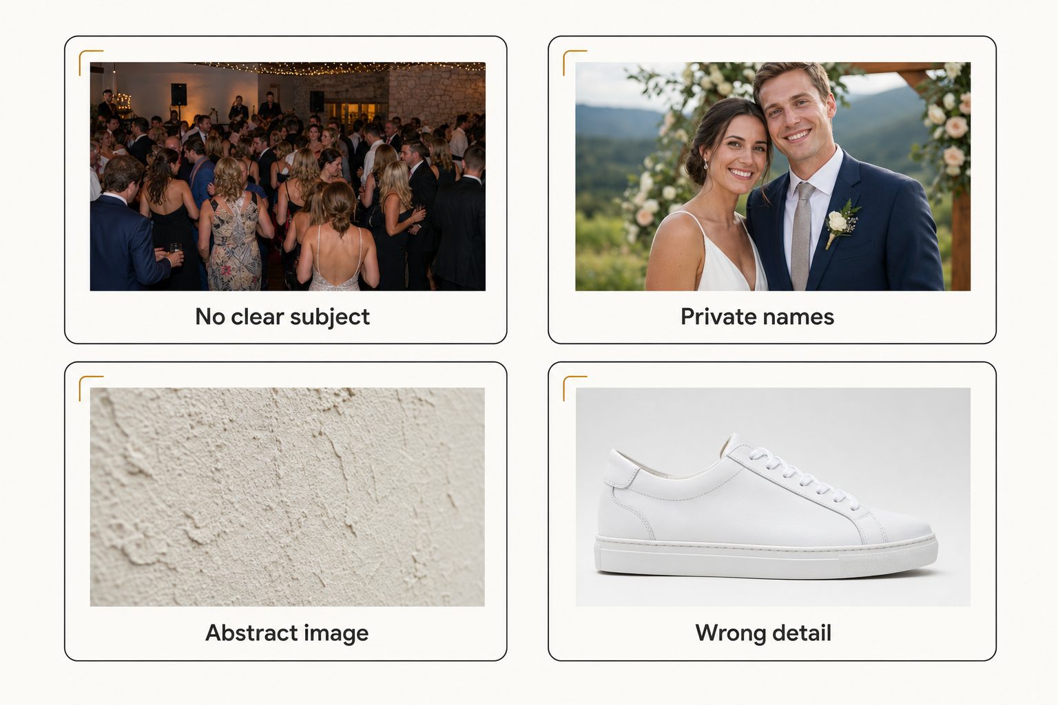 A four-panel diagram of the four AI photo tagging error categories: no clear subject, private names, abstract image, and wrong detail.
