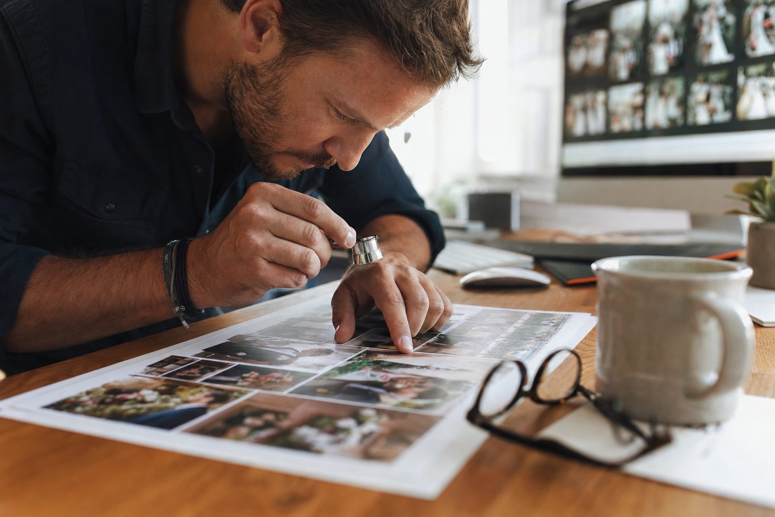 A photo editor checks AI photo tagging accuracy, reviewing a contact sheet of wedding photographs with a loupe.