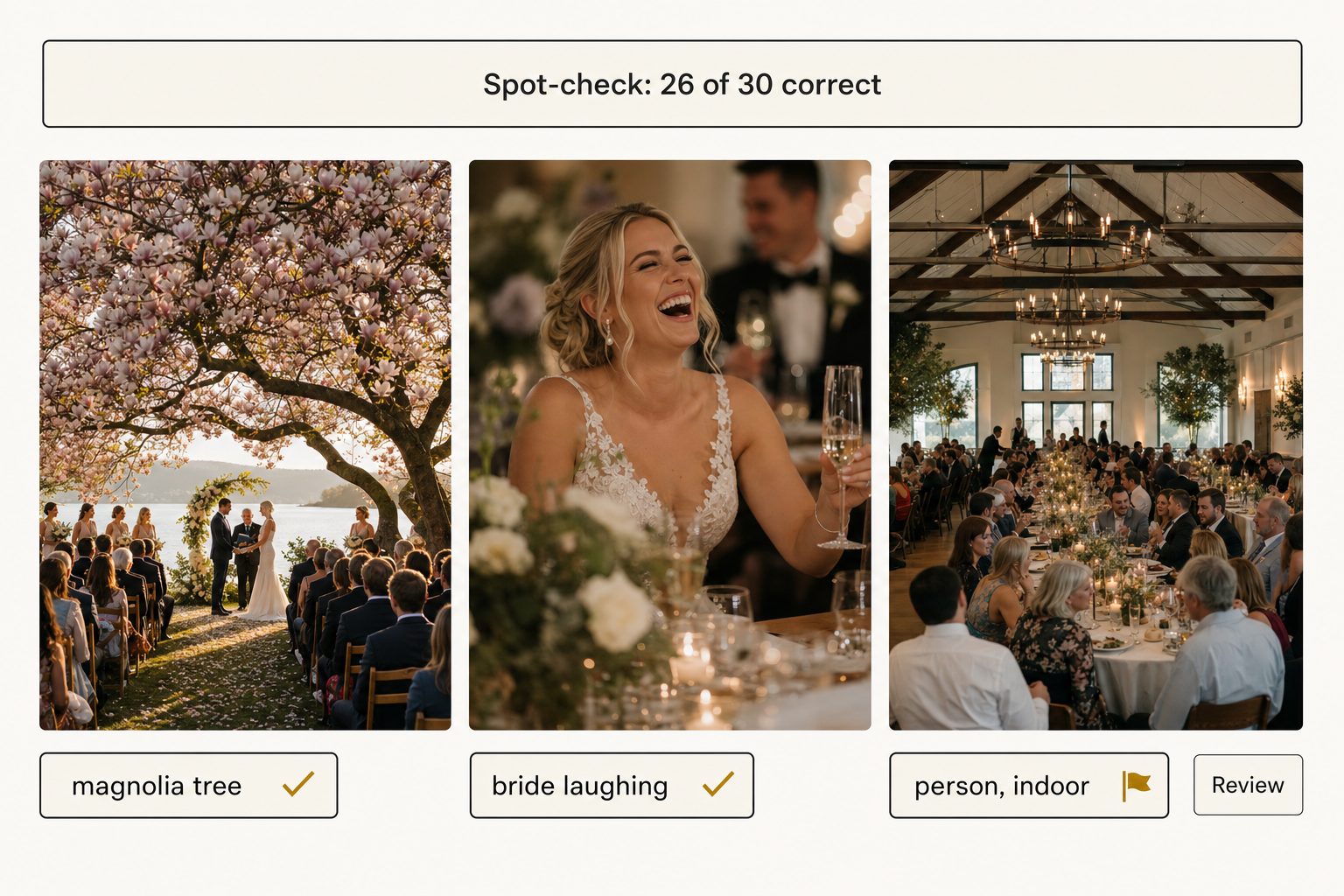 A tagging review panel showing three tagged photos scored against ground truth, with a spot-check readout of 26 of 30 correct.