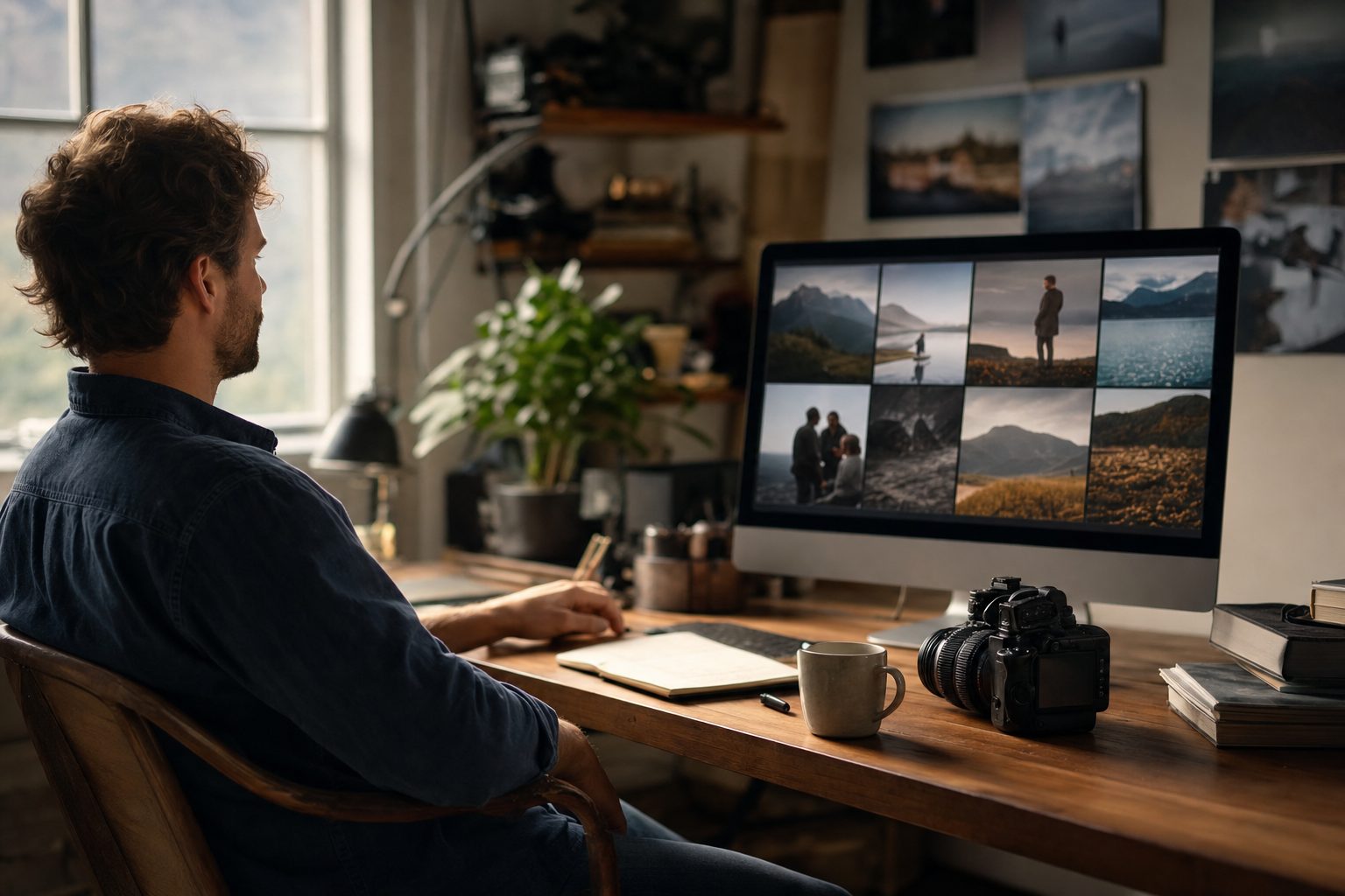 A photographer at a desk watching a folder of photos turn into a searchable library, showing how AI photo tagging works.