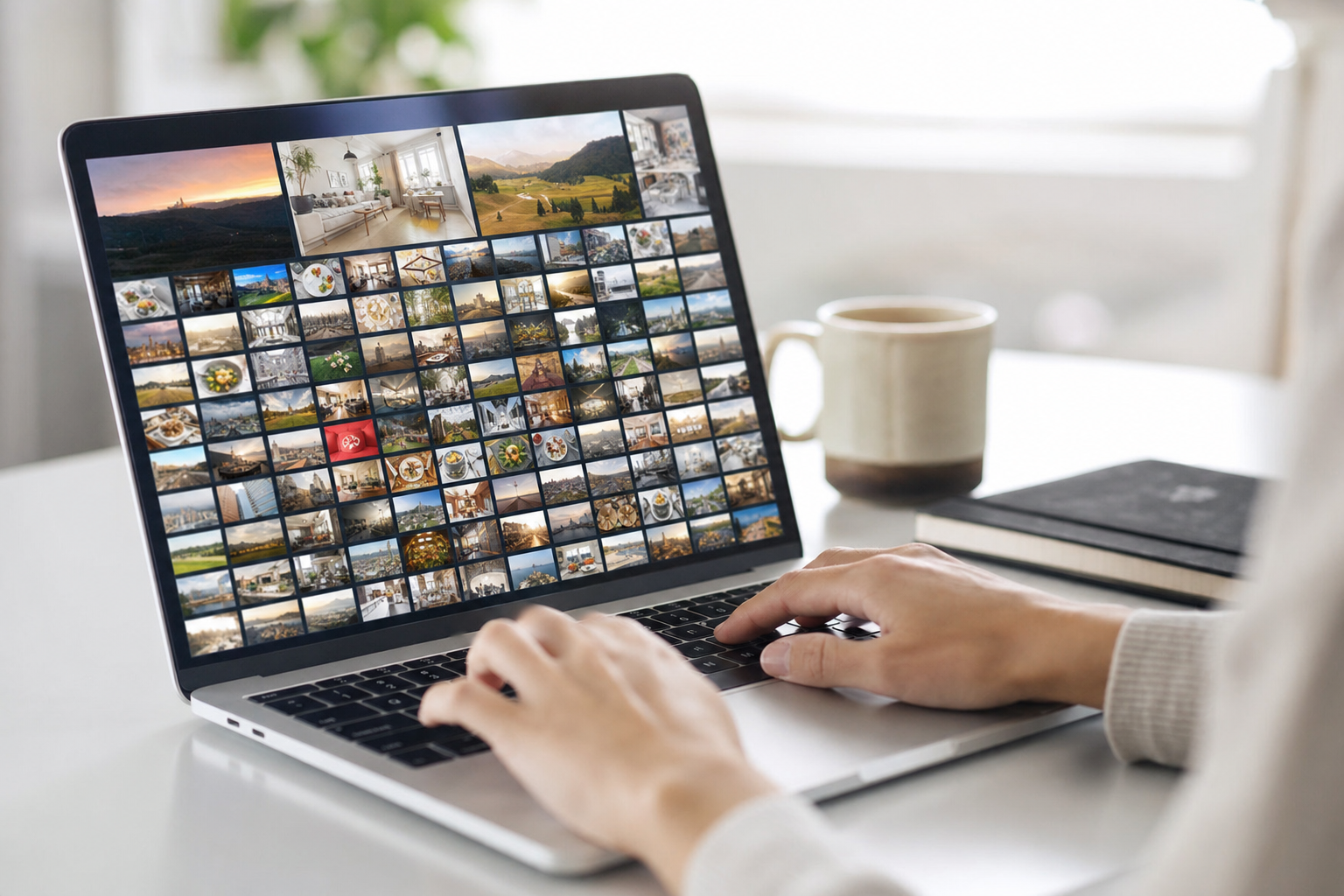 A person typing a search at a laptop showing a large photo library, illustrating AI image search across 100,000 photos.