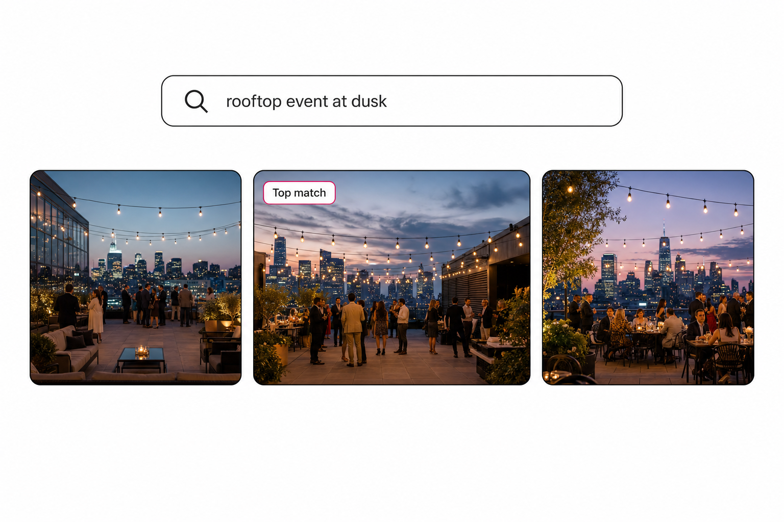 A photo catalog search bar with a typed query returning three matching photos, one marked as the top match.