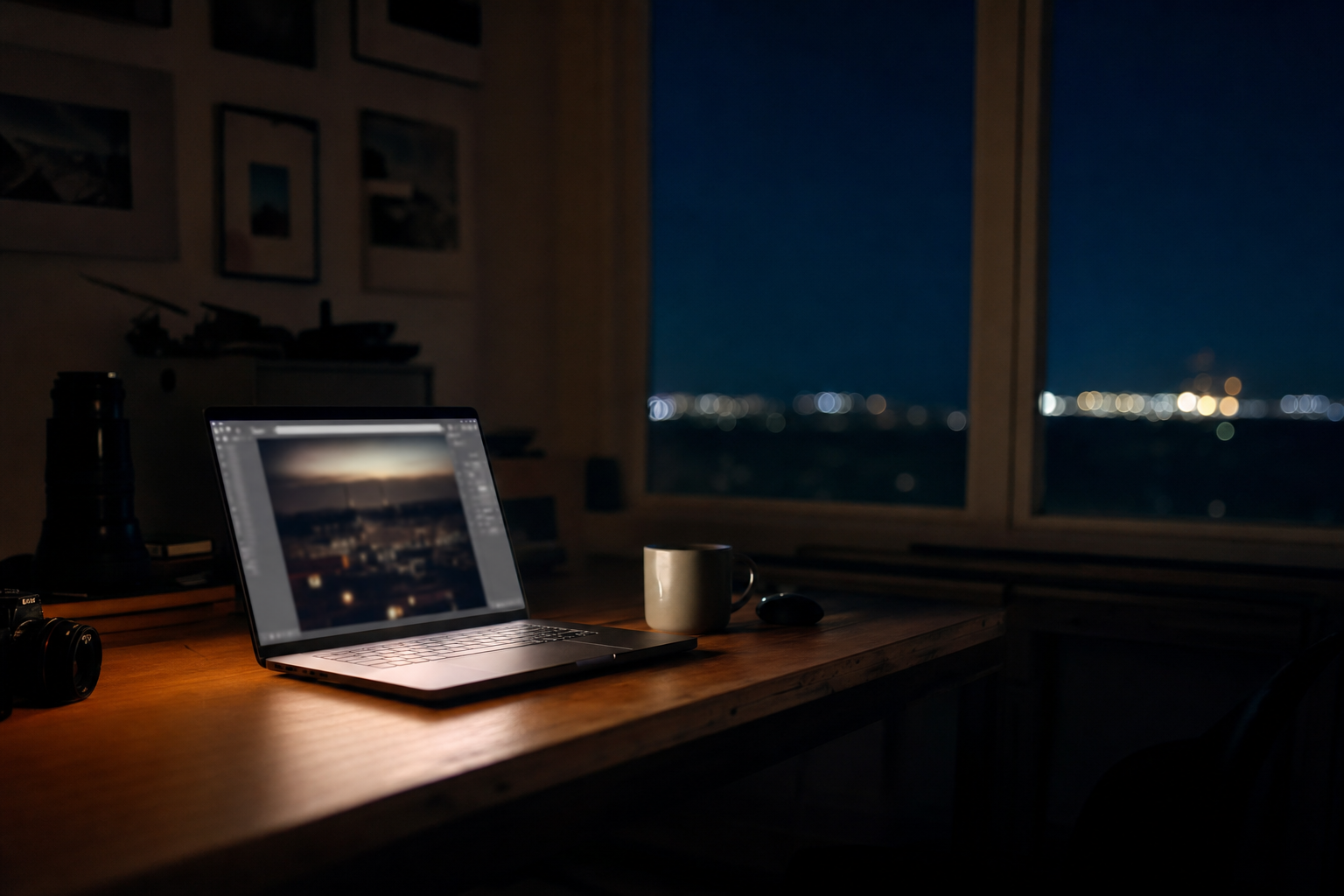 A laptop glowing on a dark studio desk at night, suggesting an overnight AI photo tagging scan running across a large library.