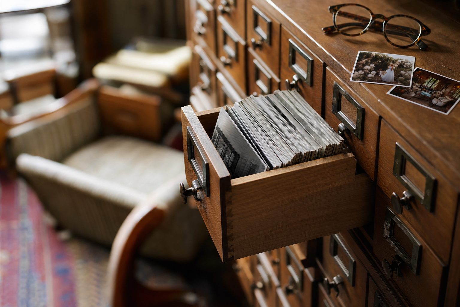 A wooden card catalog with photo prints filed like index cards, the analog version of how to catalog photos.