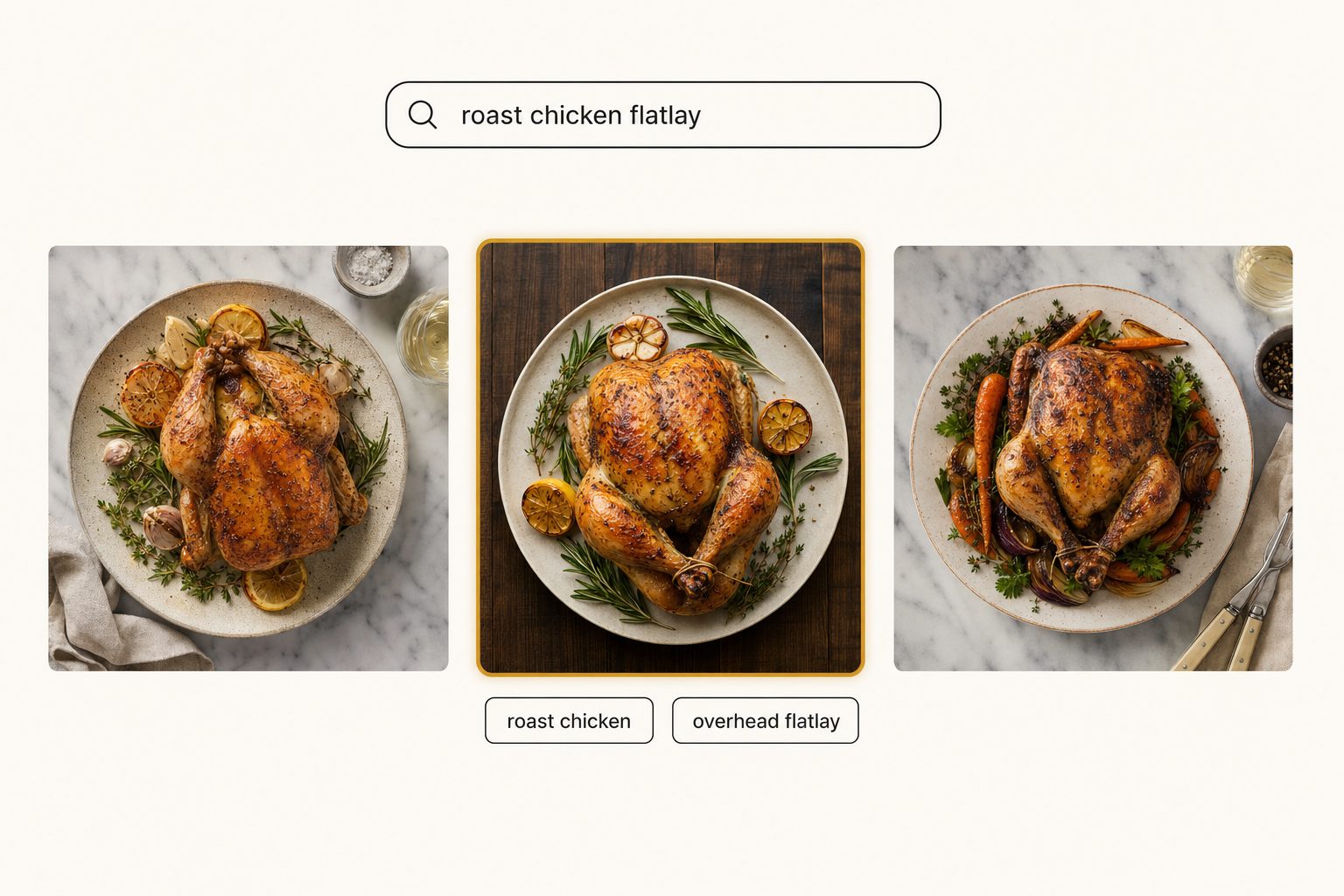A photo catalog search for roast chicken flatlay returning three food photos with the top match tagged.