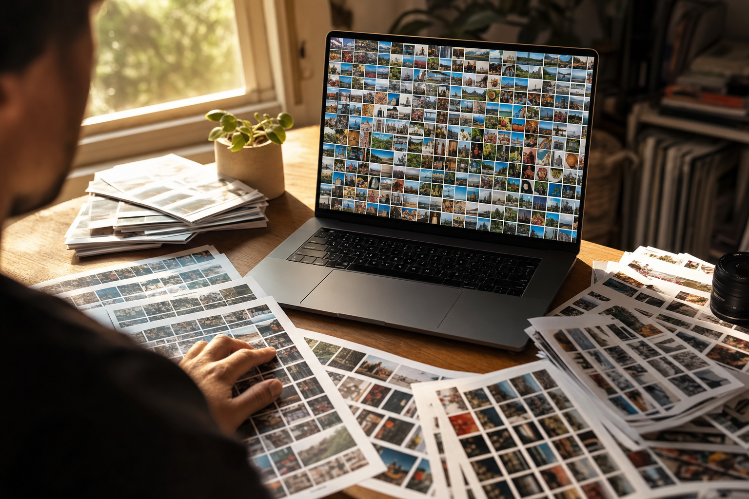 A person at a laptop facing an overflowing grid of photos and stacks of contact sheets, the moment before tagging thousands of photos.