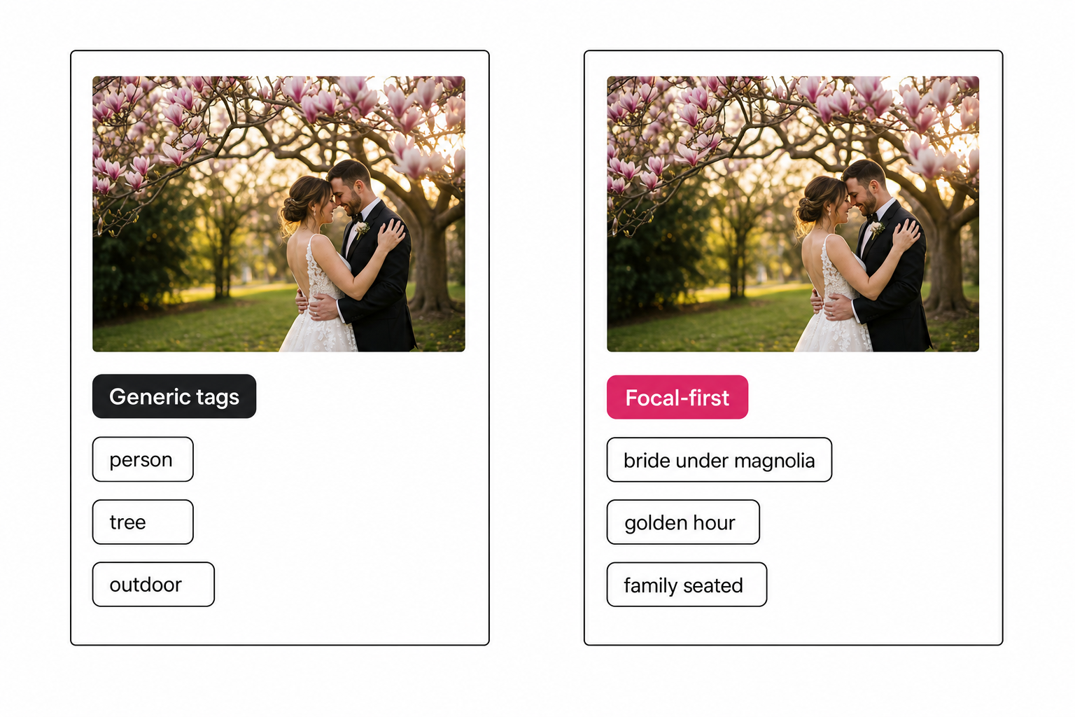 The same wedding photo tagged two ways: a generic tag list of person, tree, outdoor, next to a focal-first list led by bride under magnolia.
