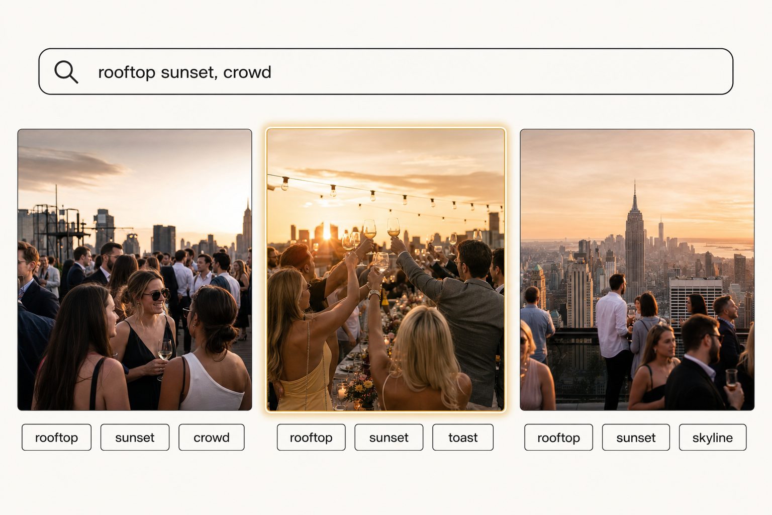 A connected catalog's search interface returning three matching rooftop sunset photos for the query "rooftop sunset, crowd," each tagged by content.