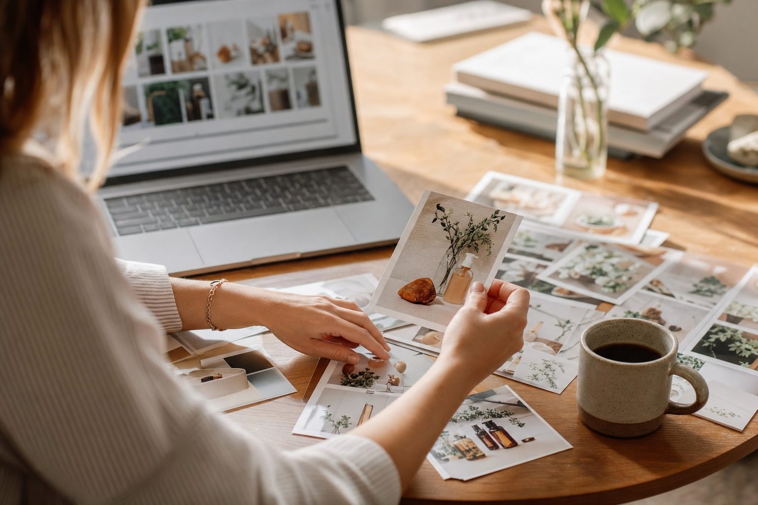 A marketing manager selecting photos for a website, the starting point of image tagging for SEO.