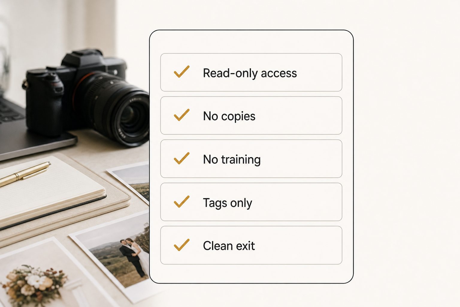 A five-item safety checklist card for connecting an AI photo tagging tool, listing read-only access, no copies, no training, tags only, and a clean exit.