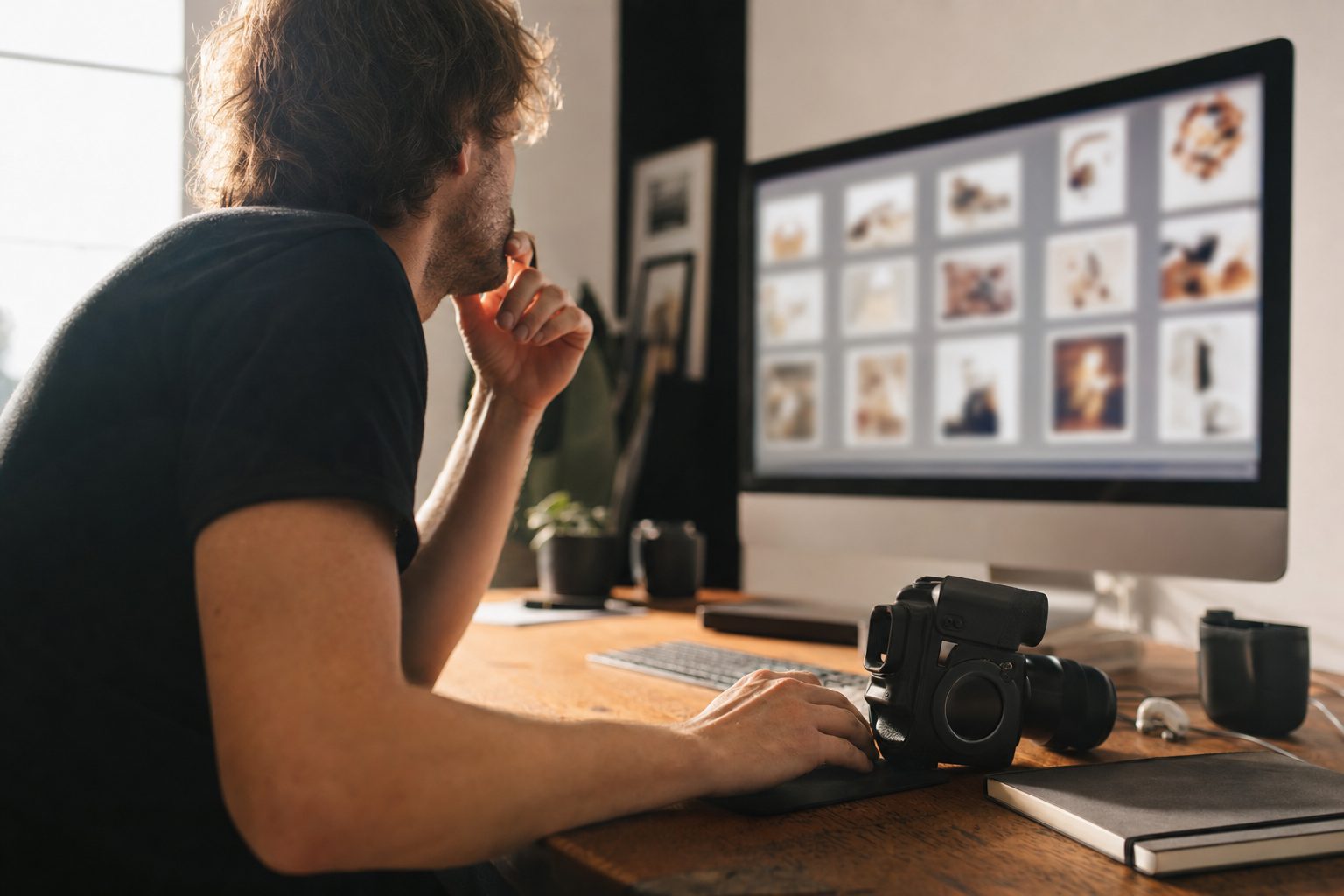 A photographer pausing at a studio desk before connecting an AI photo tagging tool to an archive of client photos.