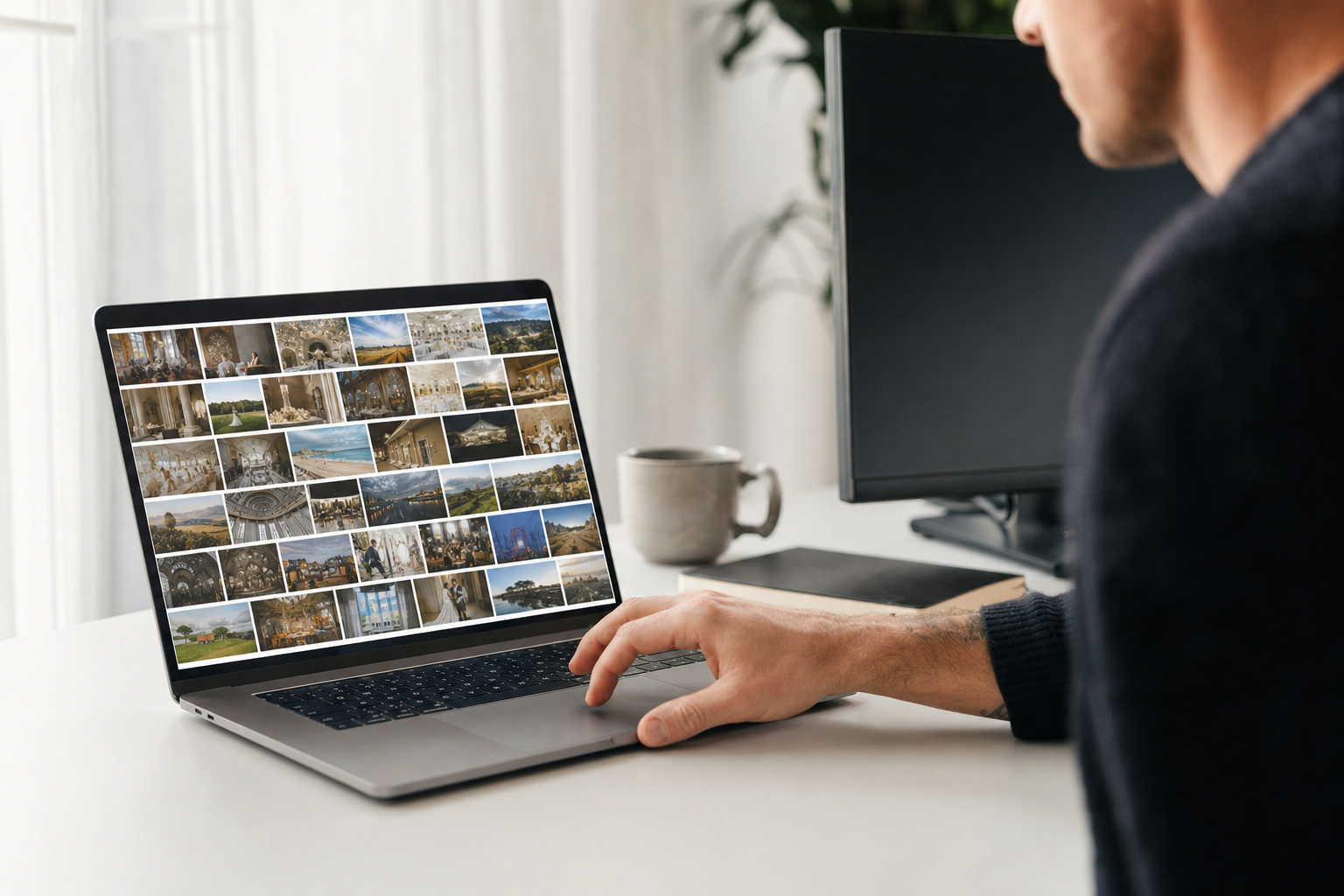 A creative at a bright desk finding photos in a laptop thumbnail grid, choosing a Lightroom alternative for organizing photos.