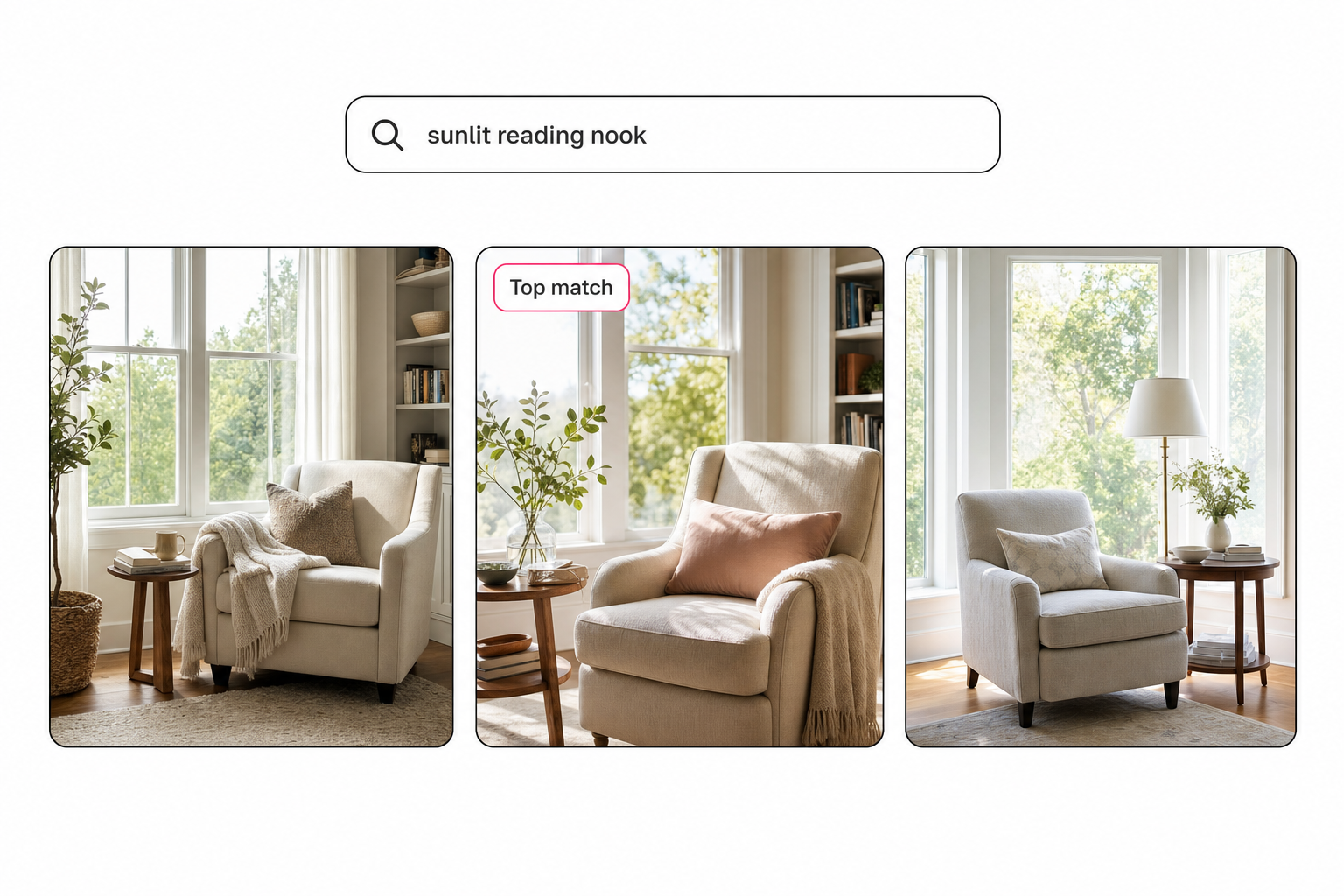 A search box reading "sunlit reading nook" above three matching interior photo thumbnails, showing a connected catalog finding photos by what is in them.