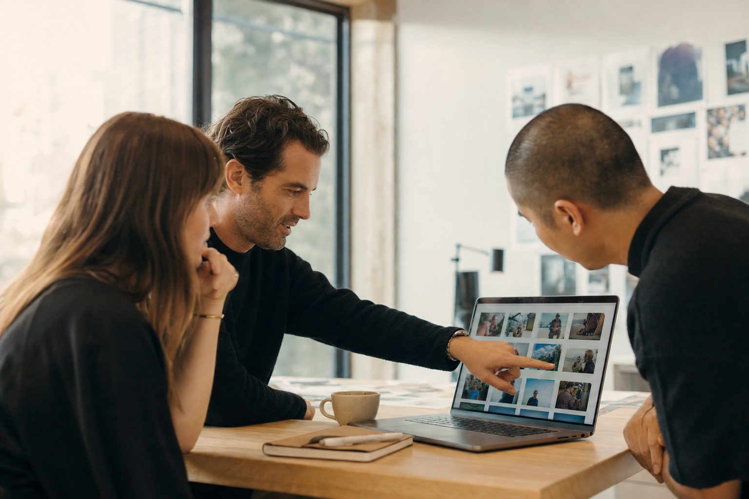 A marketing agency creative team reviewing photos on a laptop, the kind of mixed client library that needs real photo asset management.