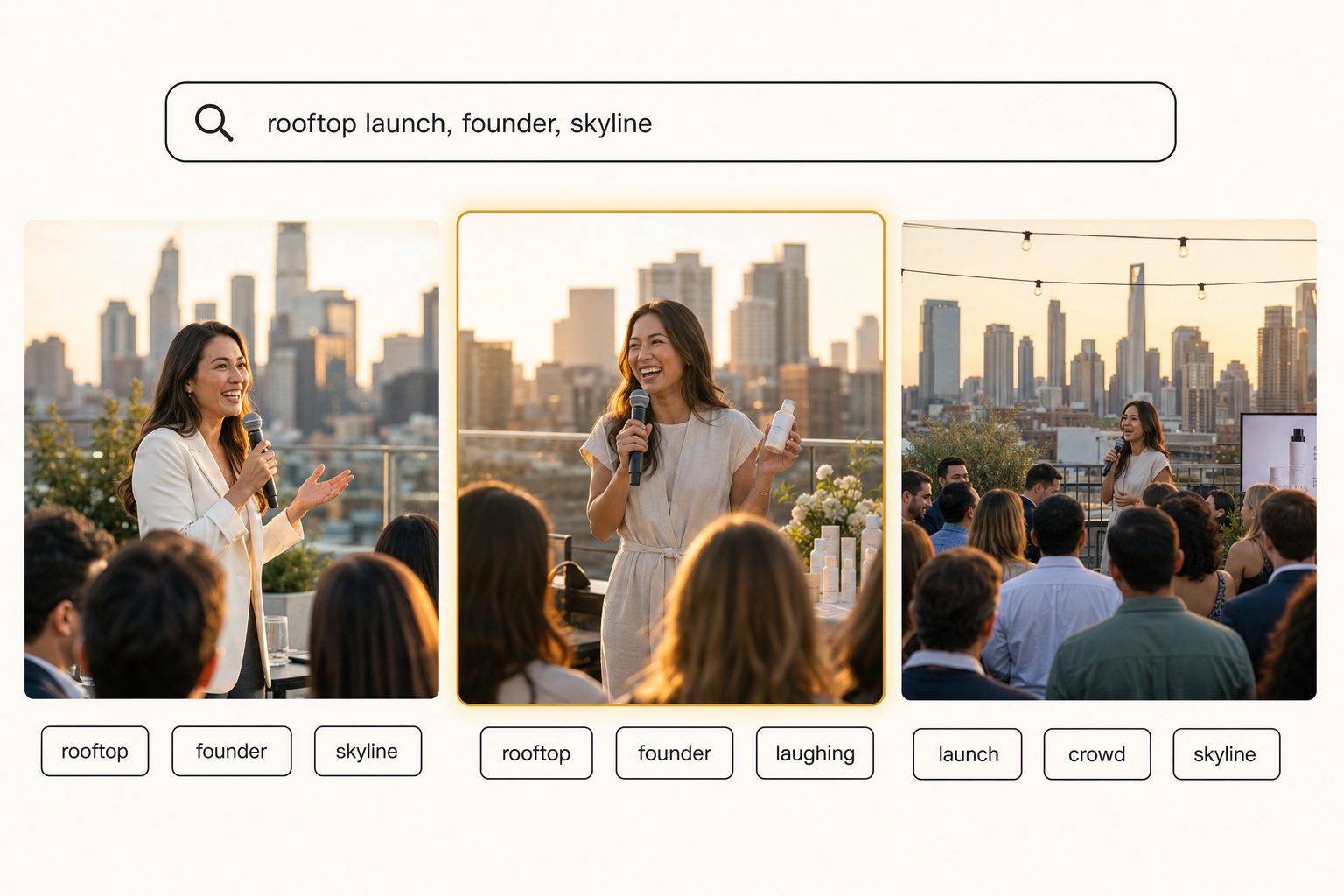 Product mockup of an agency photo catalog returning three rooftop-launch result cards for the query "rooftop launch, founder, skyline", each card with readable tag pills and the center card highlighted as the top match.