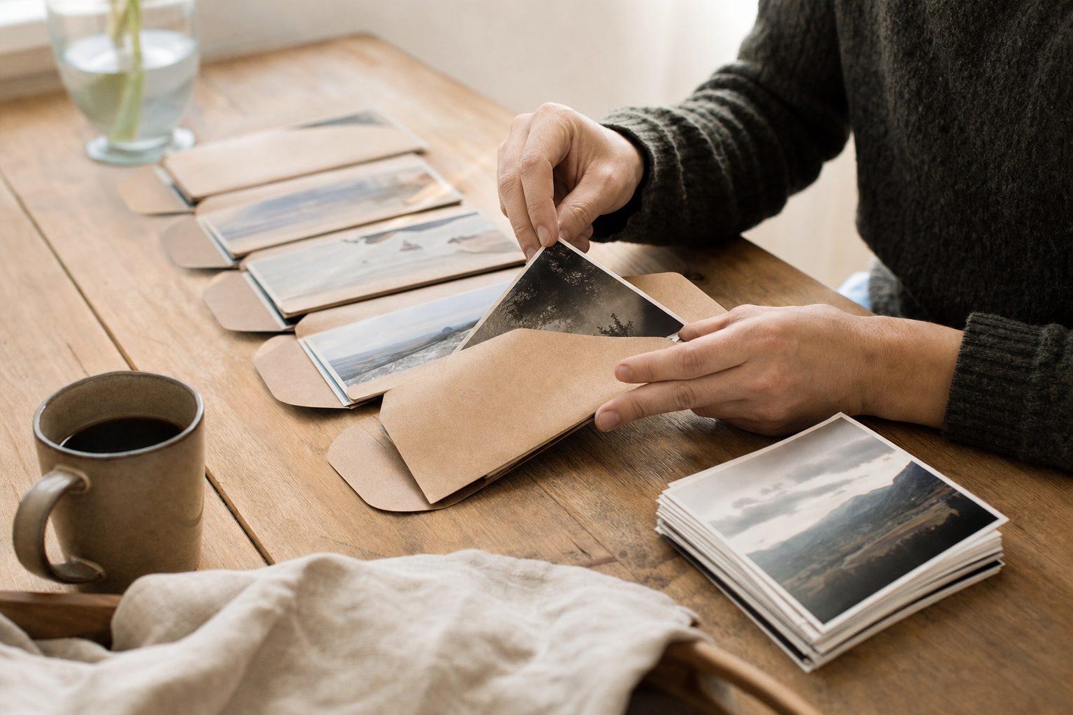 Printed photos sorted into neat archival envelopes on a wooden desk, the calm result of organizing Dropbox photos.