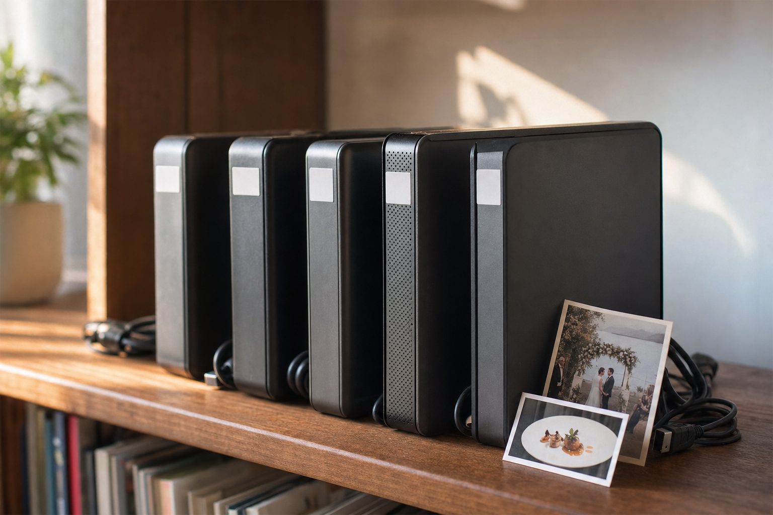 A row of labeled external hard drives on a wooden shelf, the physical form of a photo archive you organize on an external hard drive.