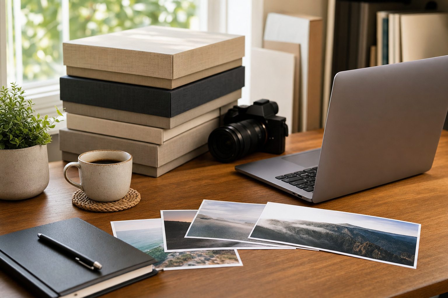 A tidy creative workspace with labeled photo boxes and prints, the calm result of organizing photos in Google Drive.