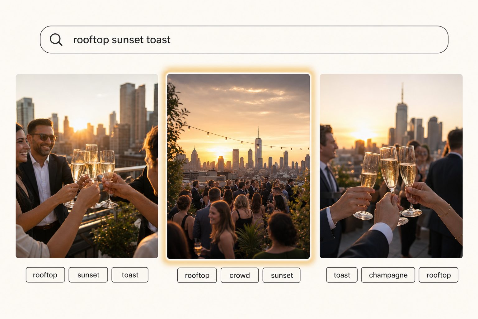 A product mockup of a photo search interface with the typed query rooftop sunset toast returning three rooftop toast photos, each card carrying readable tag pills.