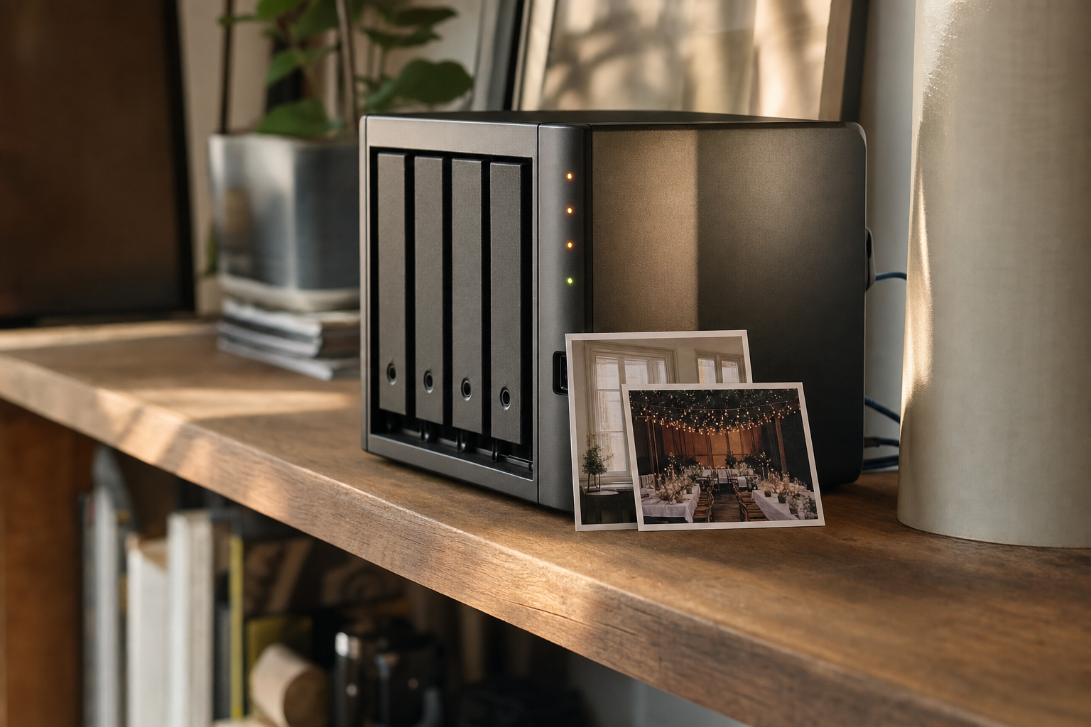 A small home NAS box with drive bays glowing on a shelf, the physical home of a photo archive you organize on a NAS.