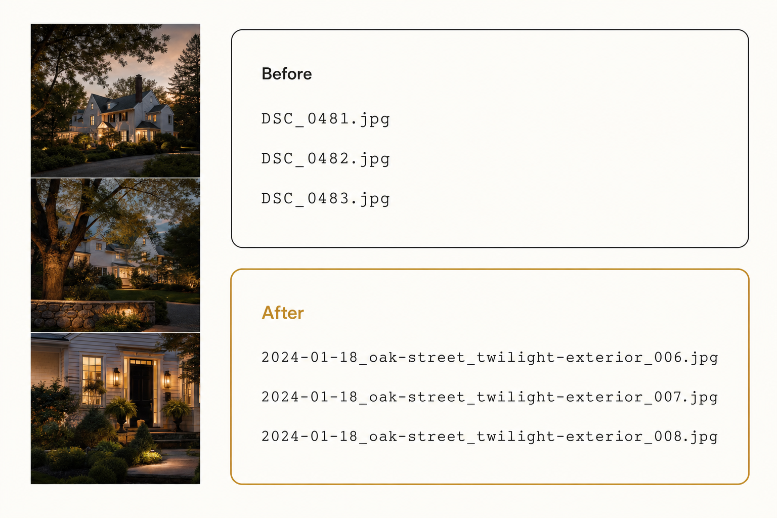 A NAS file listing showing camera-numbered files like DSC_0481.jpg renamed to a date-first convention such as 2024-01-18 oak-street twilight-exterior 006.jpg.