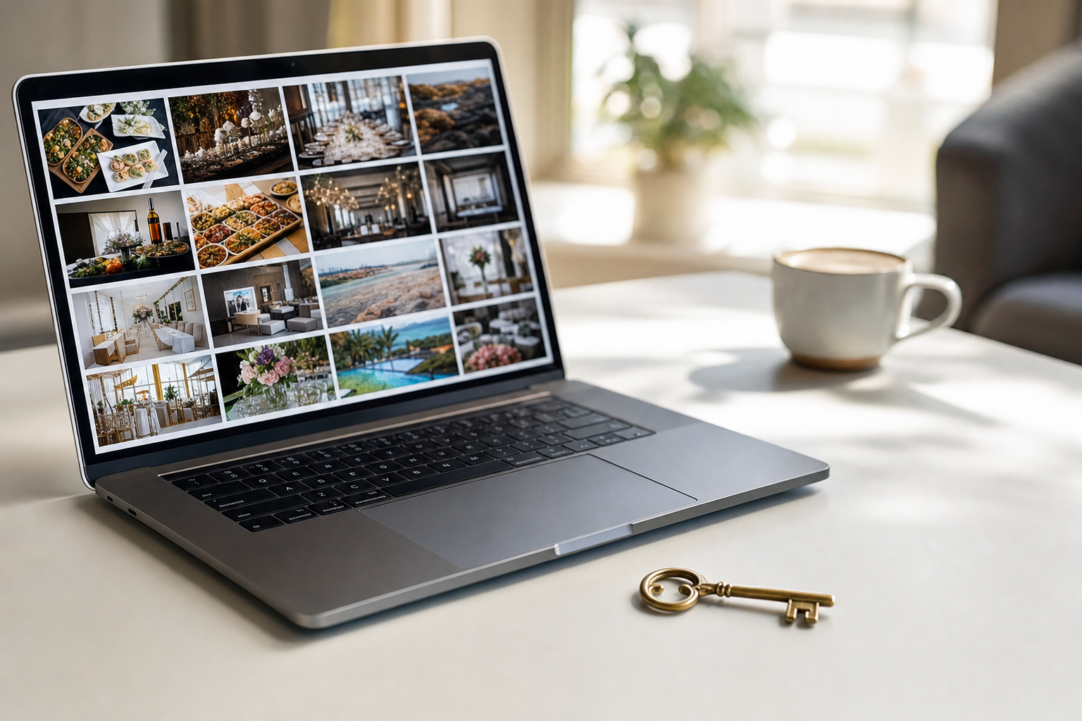 A laptop showing a client photo gallery beside a small brass key on a clean desk, suggesting a password protected gallery.