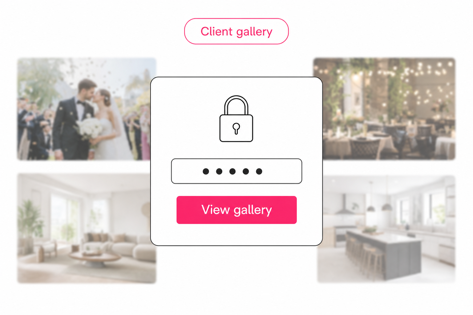 A client gallery password screen with a lock icon, a password field, and a View gallery button.