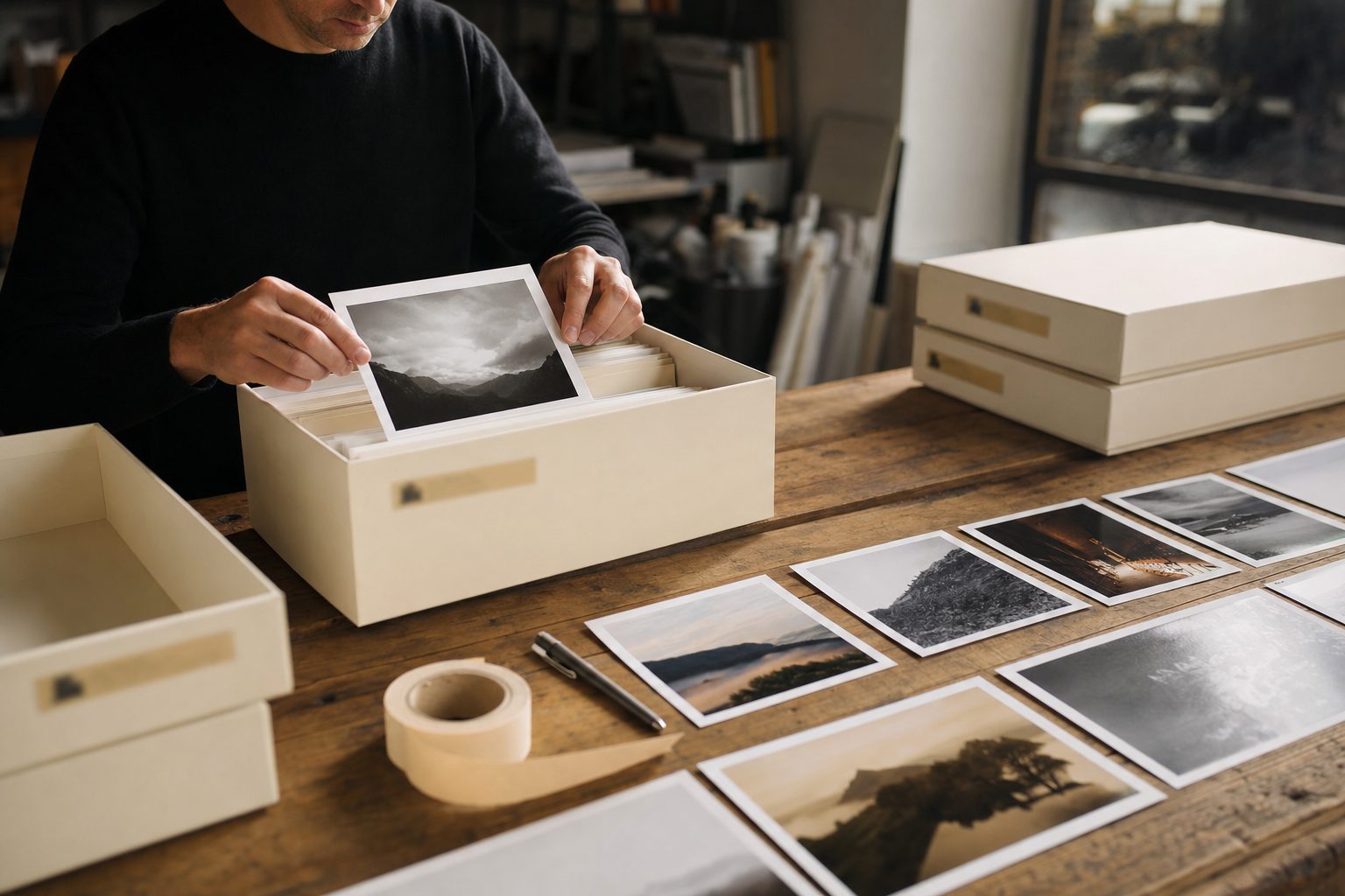 A photographer sorting labeled prints into archive boxes, the analog version of photo file naming conventions.