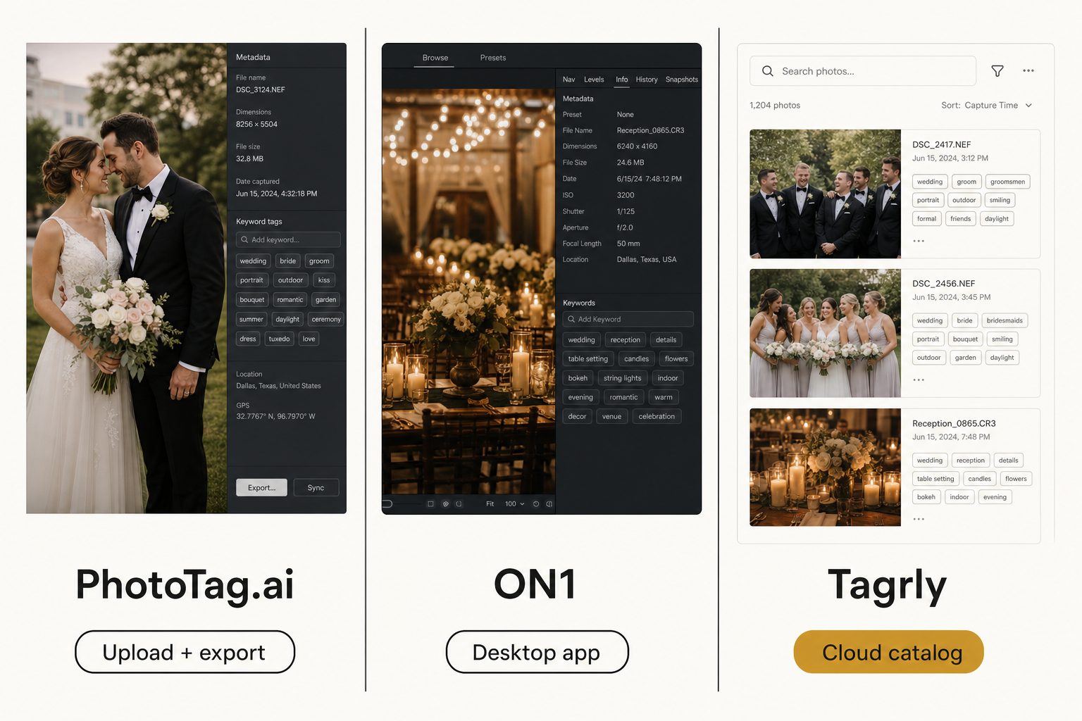 Three photo metadata generator tools compared side by side: an upload tool, a Lightroom-style desktop app, and a connected cloud catalog.