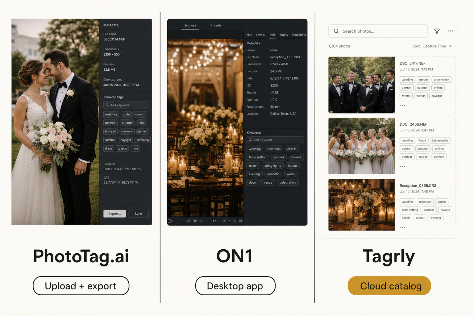 Three photo metadata generator tools compared side by side: an upload tool, a Lightroom-style desktop app, and a connected cloud catalog.