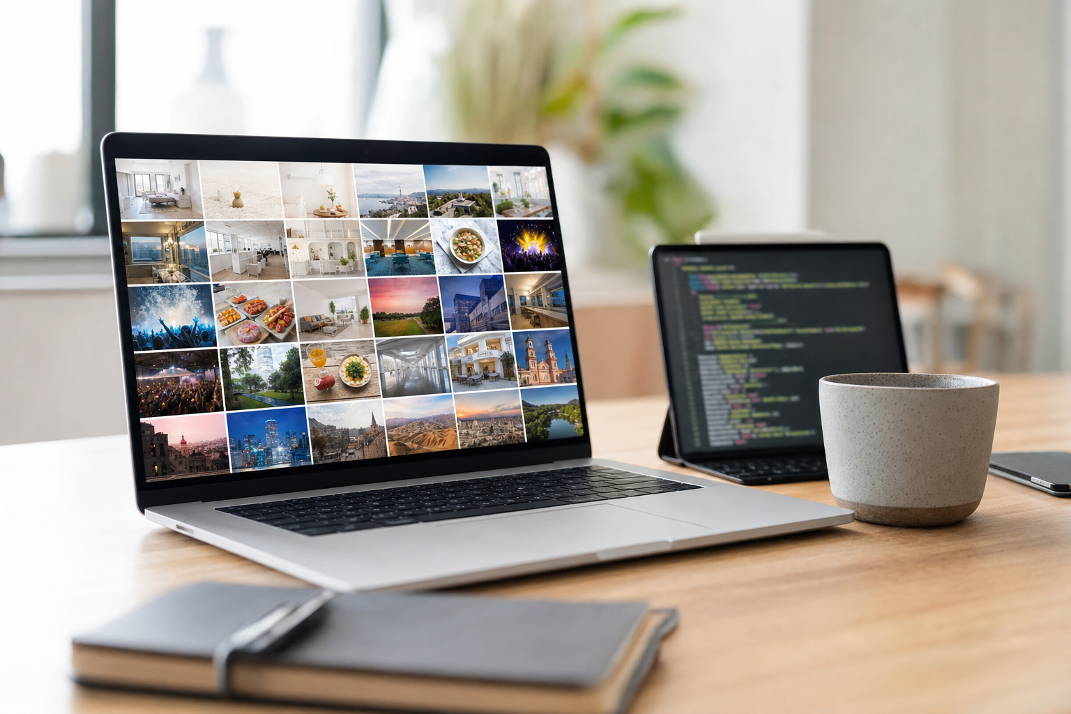 A developer's desk with a laptop showing a grid of photos, the working setup behind a photo tagging API integration.