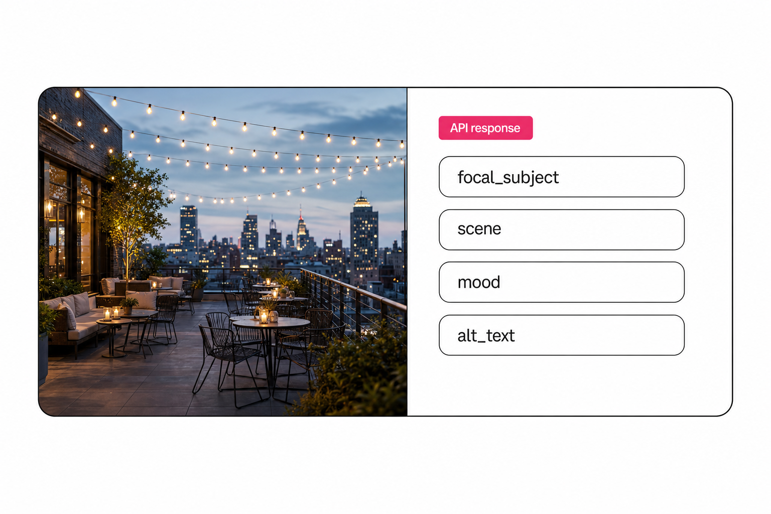 A product mockup of one photo tagging API response: a photograph beside its structured fields for focal subject, scene, mood, and alt text.