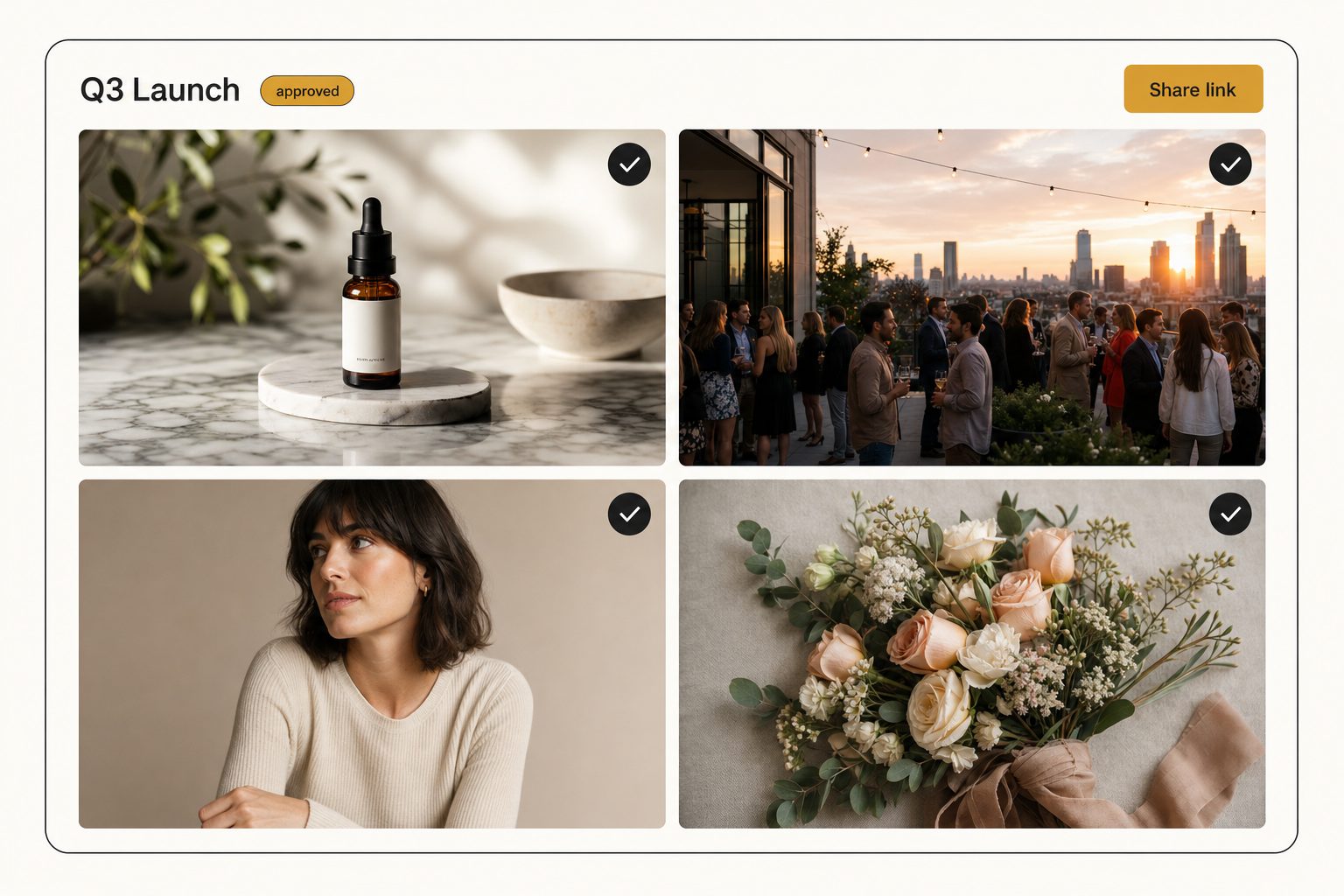A shared photo collection with a Share link button, how a marketing team sends specific shots without the whole drive.