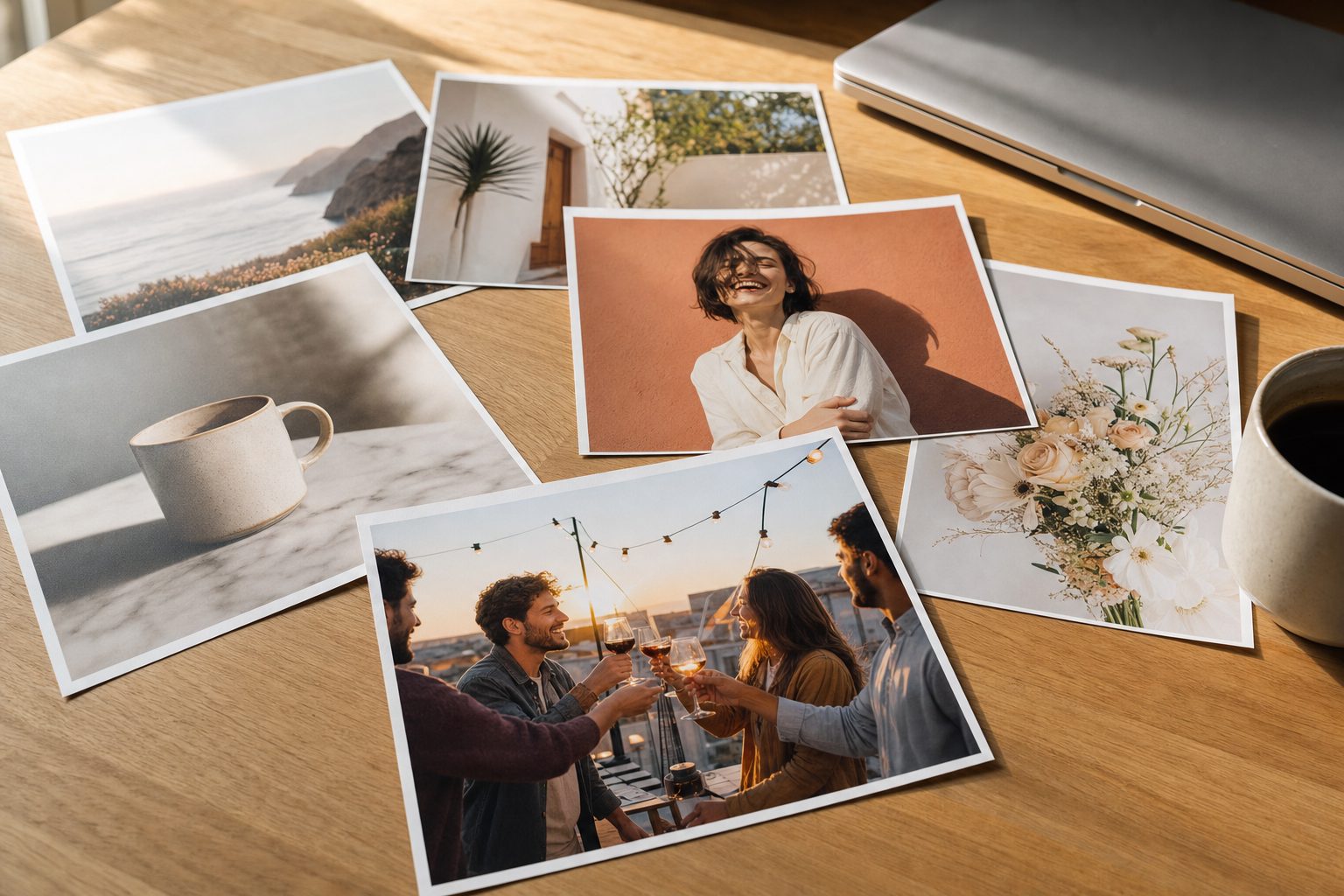 A marketing team's worktable with brand photo prints fanned out, the photo library a photo workflow brings under control.