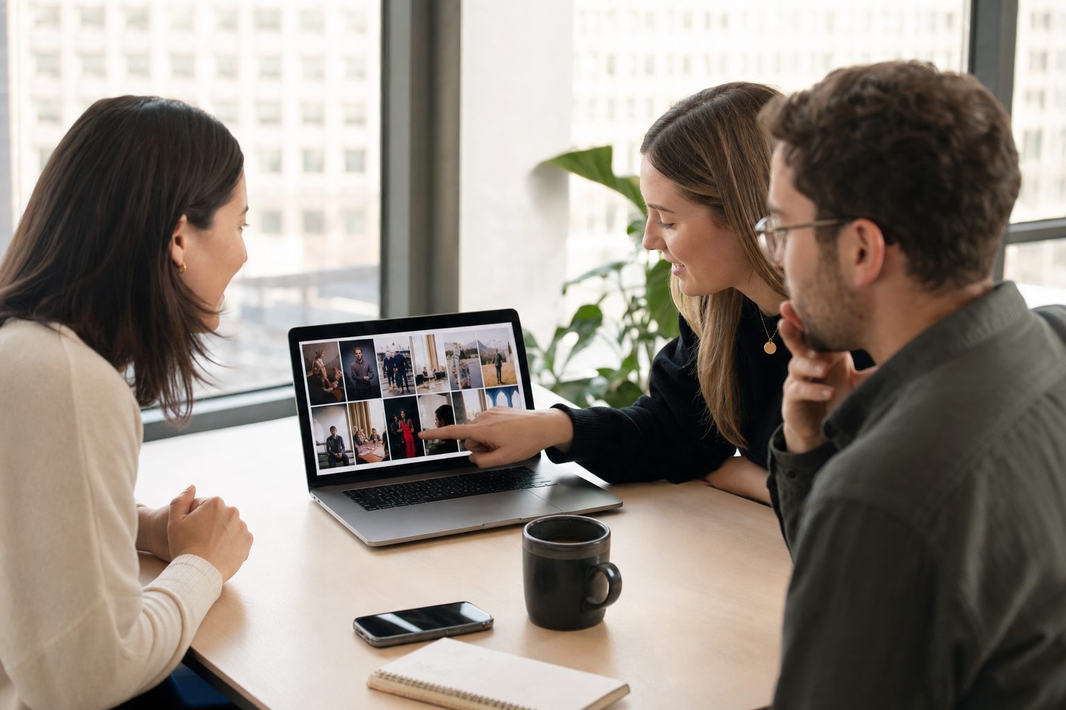 A PR team reviewing client press photos on a laptop in a bright office, the kind of mixed media library a PR agency photo library organizes.