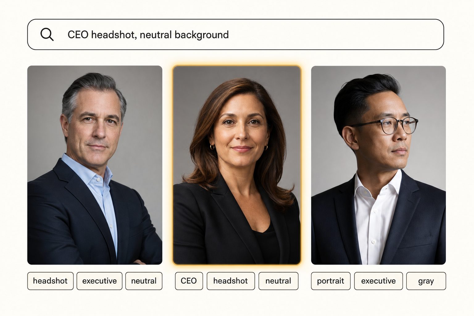 Product mockup of a PR agency photo catalog returning three headshot result cards for the query "CEO headshot, neutral background", each card with readable tag pills and the center card highlighted as the top match.