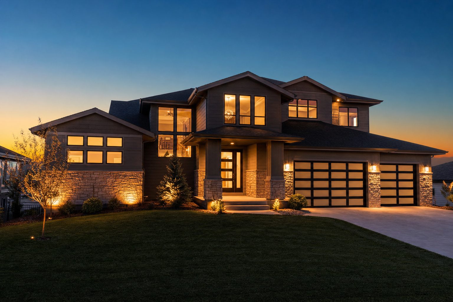 A modern home at twilight with glowing windows, a real estate listing shot kept findable in a photo archive.