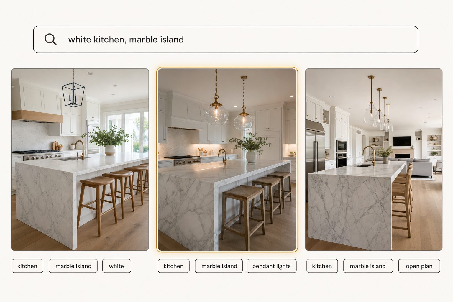 Product mockup of a real estate photo catalog with the search query "white kitchen, marble island" and three matching kitchen result cards, each carrying readable tag pills, the center card highlighted as the top match.