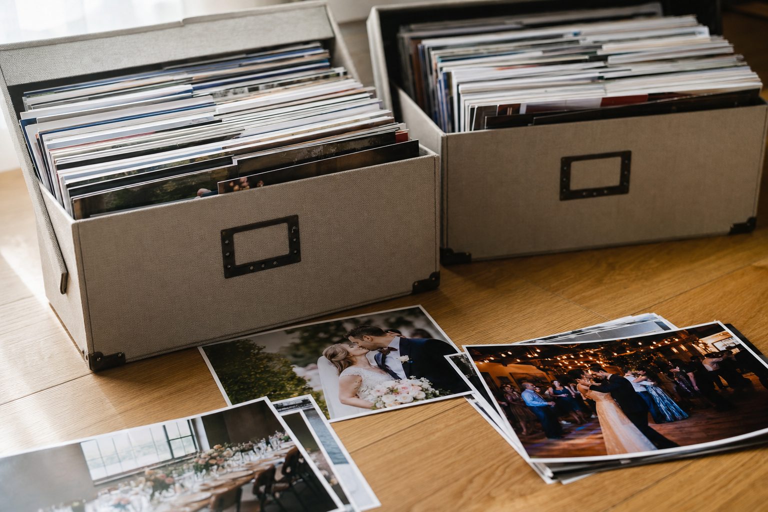 Two archival boxes of photo prints side by side, one photo library split across Google Drive and Dropbox.