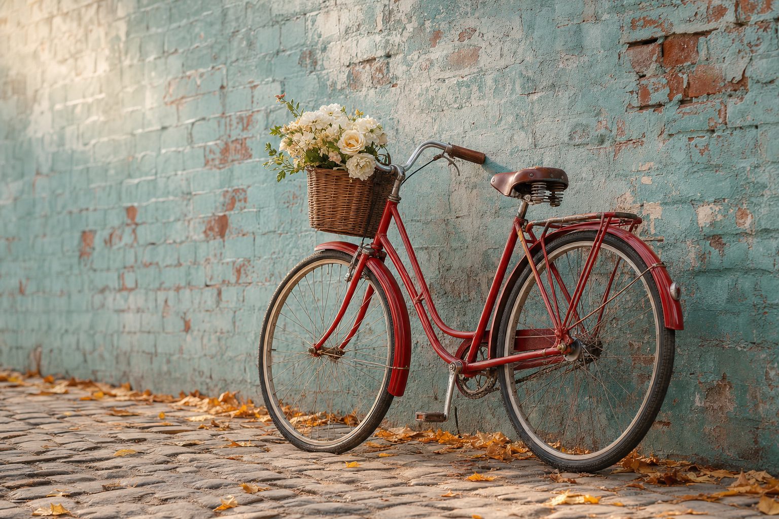 A bright red bicycle against a teal brick wall, the kind of distinctive shot you search for by description, not by filename.