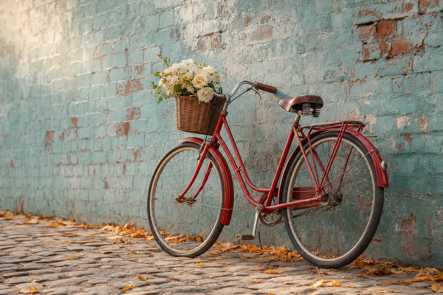 A bright red bicycle against a teal brick wall, the kind of distinctive shot you search for by description, not by filename.