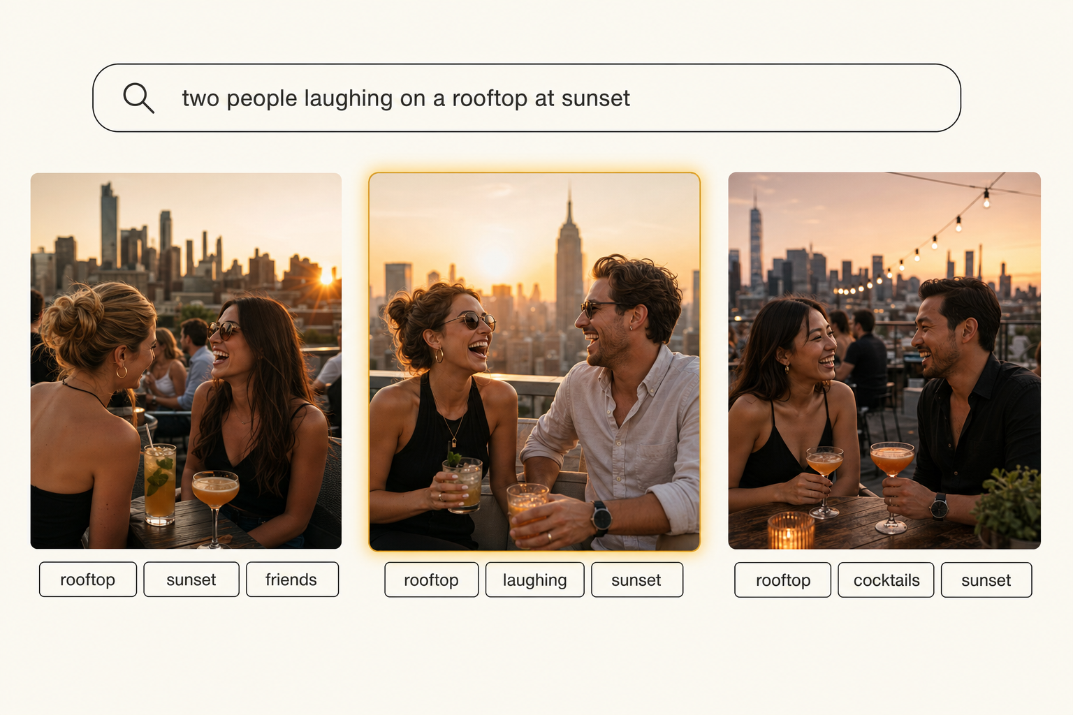Tagrly search interface showing the typed description "two people laughing on a rooftop at sunset" returning three matching event photos, the center one ringed in amber as the top match.