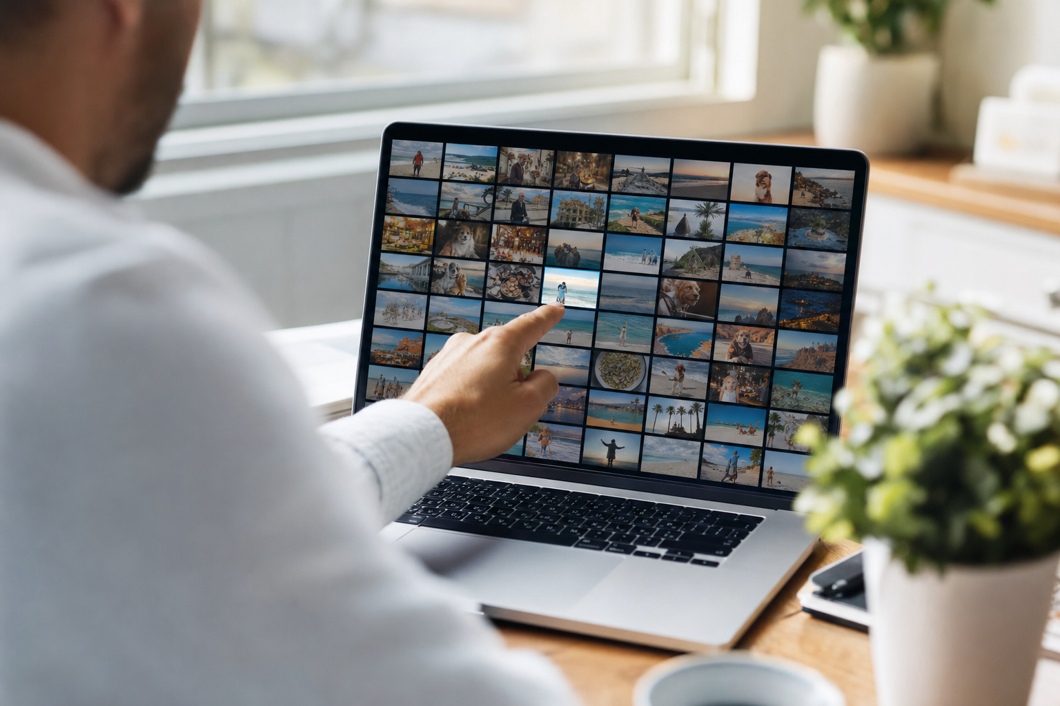A person pointing at one photo in a laptop grid after searching photos by what's in them instead of by filename.