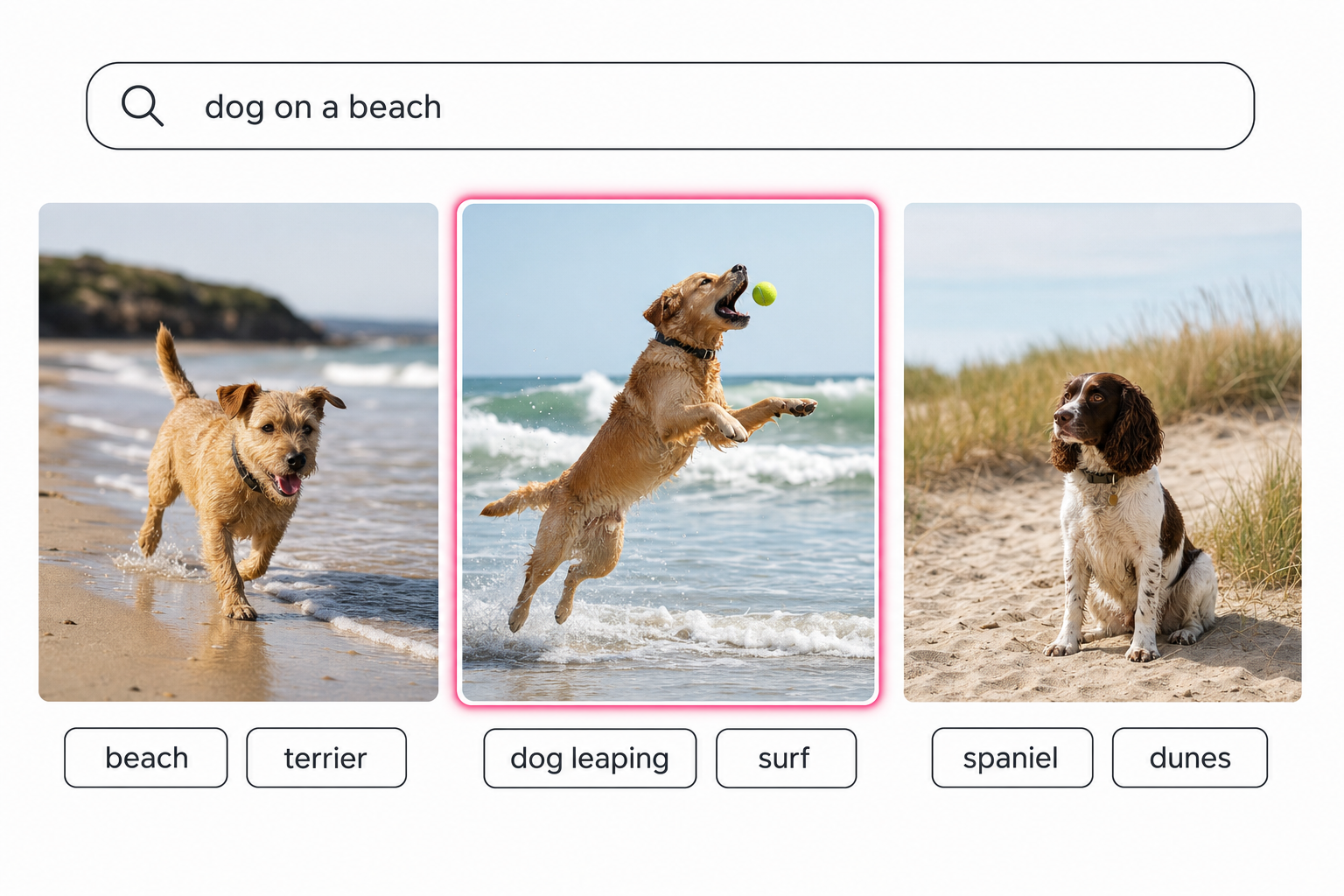 A photo search interface with the query "dog on a beach" returning three matching beach photos with tags underneath.