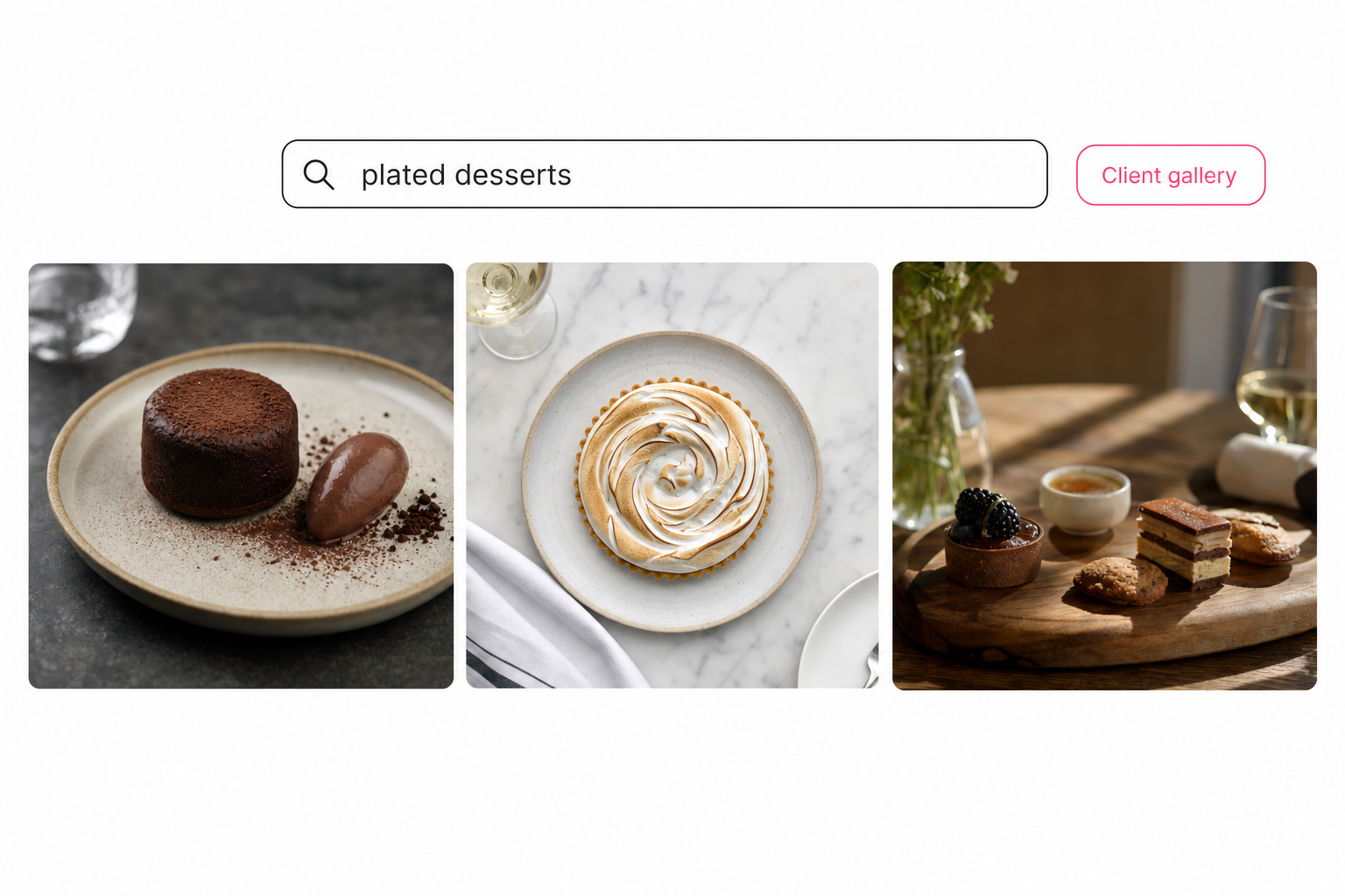 A client photo gallery with the search query plated desserts returning three matching restaurant photos.