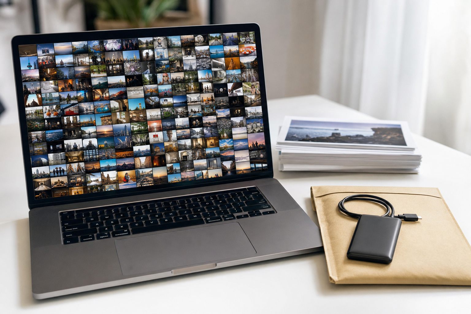 A laptop showing a grid of photos beside a portable drive, a photo library packed up to send to a client.
